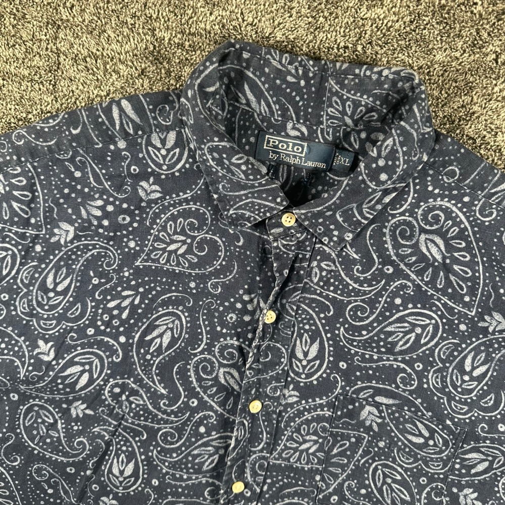 Polo Ralph Lauren Popover Shirt Mens XL Linen Navy Blue Paisley Short Sleeve VTG